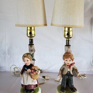 Hand Painted Hummel Inspired Boy and Girl Lamps with Original Shades Japan